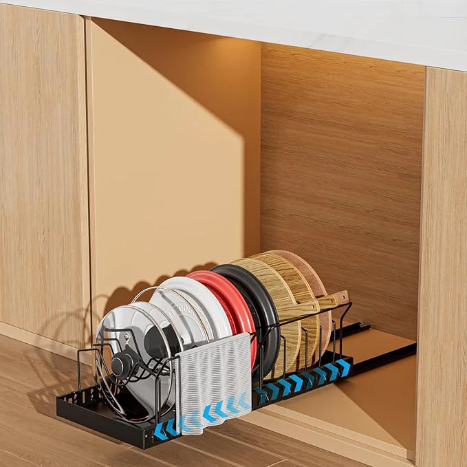 Authentic Pots and Pans Organizer Under Cabinet Pull-out Pots and Pans Organizer Under Cabinet Pot Lid Holder Sliding type Pots and Pans Storage with 10 Adjustable Dividers Handle Bracket - BlackAbout ThisOverview Convenient