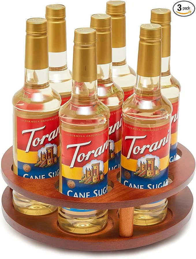 Smart Wood Rotating Coffee Syrup Organizer 7 Bottles Coffee Syrup Rack Coffee Station Organizer with Large Base and Anti-Slip PadsAbout ThisOverview Environmentally Friendly