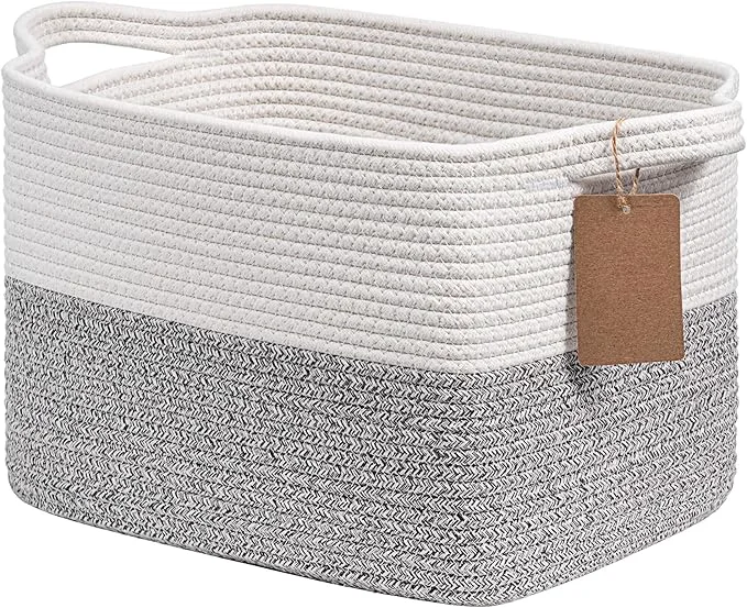Sophisticated Goodpick Woven Storage Basket Small Laundry Basket for Clothes Towels and Shoes Rope Square Gift Organizer with Handles Gray and White 13 x 10 x 9 InchesAbout ThisOverview Premium Material