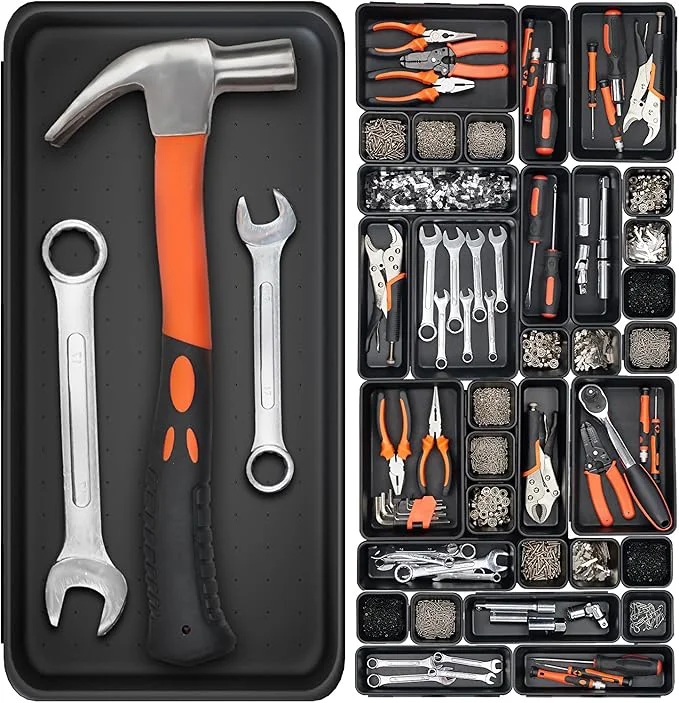 User-Friendly 46 Pack 5-Sizes Large 12'' Tool Box Organizer Tray Tool Box Organizers and Storage for Hammer Wrench Screw Small Parts Toolbox Organization Tool Cart Chest Garage Drawer Organizer Tray BlackAbout ThisOverview Breathable