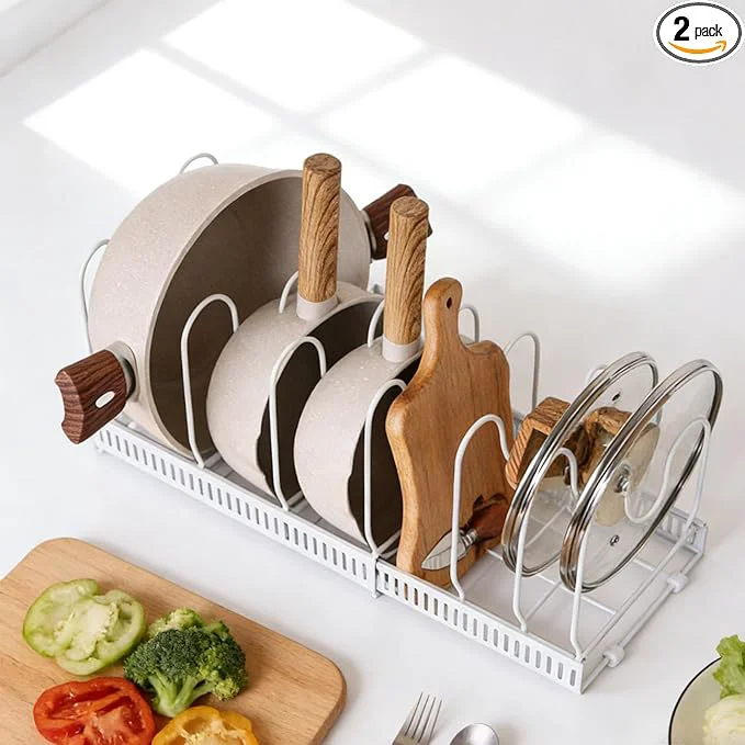 Convenient Expandable Pot and Pan Organizer Rack with 10 Adjustable Compartments White Kitchen Cabinet Organizer for Lid Bakeware Cutting Board Pantry Countertop StorageAbout ThisOverview Premium Material