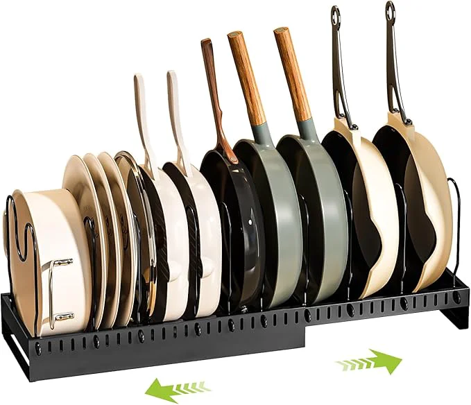 Reliable Pots and Pans Organizer Under Cabinet with Drain Board Expandable Pot Lid Organizer inside Cabinet Holder with 10 Adjustable Compartment Rack for Cutting Board Sheet Pan Cookware BlackAbout ThisOverview Detailed