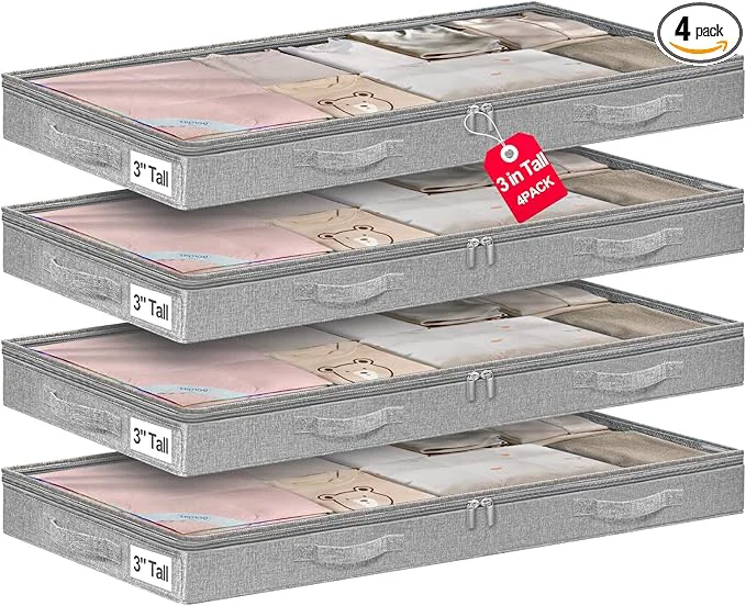 Advanced punemi 3-Inch Low Profile Under Bed Storage Containers，No-Structure Soft Foldable Zippered Underbed Cloth Blanket Storage bins — Fits Under Crib Couch，Sofa or Dorm bed 4-Pack 20x40x3inAbout ThisOverview