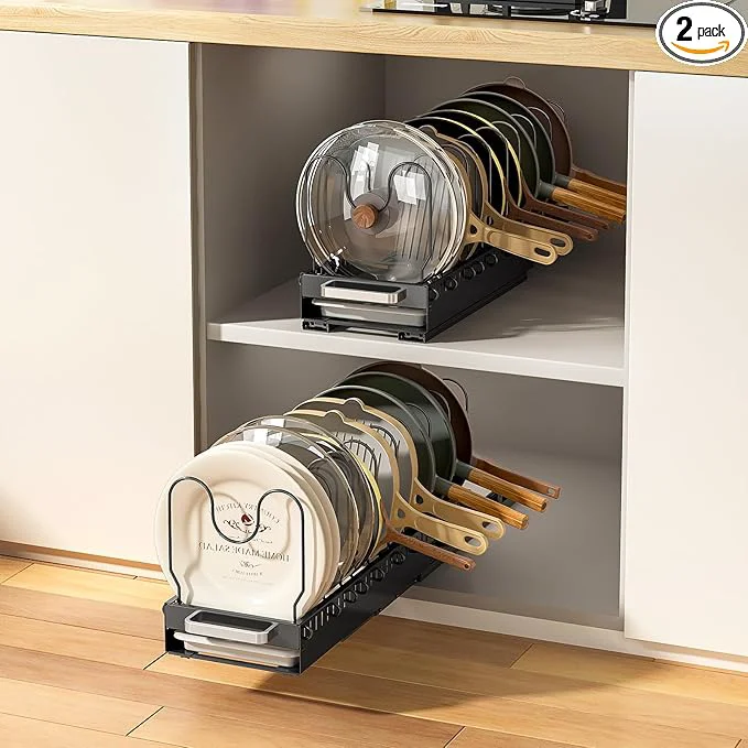 Stylish Pots and Pans Organizer Under Cabinet with Drain Board Pull-out Expandable Pot Lid Organizer inside Cabinet Holder with 10 Adjustable Compartment Rack for Cutting Board Black Pack of 2 About ThisOverview Safe