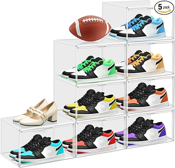 Clean 5 Pack Clear Shoe Boxes Size 12 Shoe Storage Organizer for Closet Stackable Shoes Rack Handbag Organizer Plastic Sneaker Storage Bin with Magnetic lidsAbout ThisOverview Safe