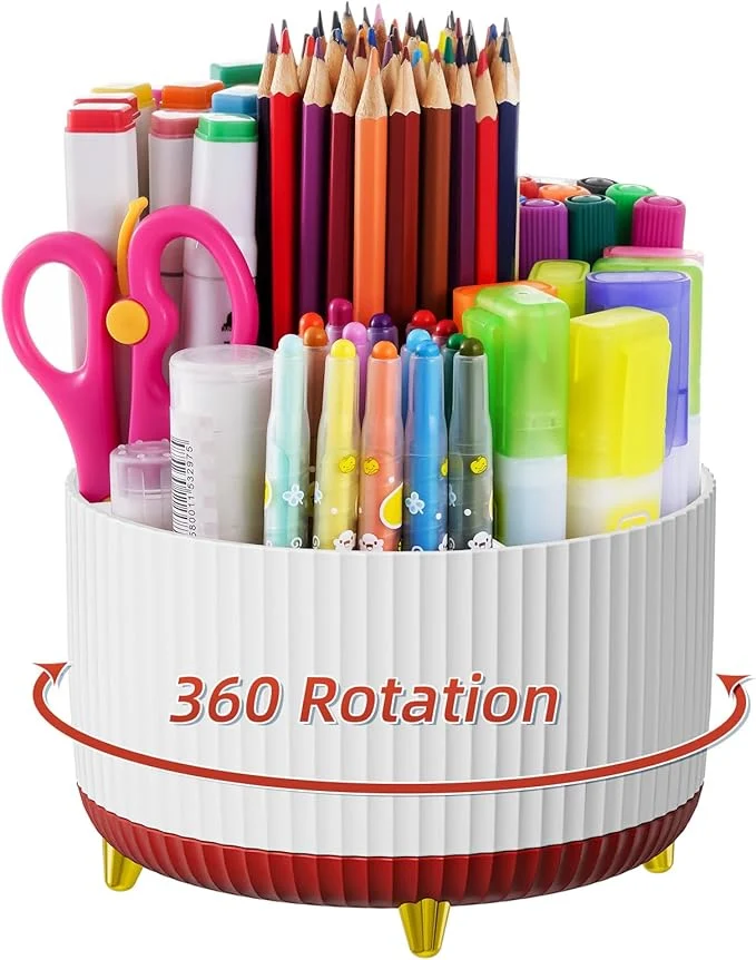 Carefully Designed Marbrasse Desk Organizer 360-Degree Rotating Pen Holder Desk Organizers and Accessories with 5 Compartments Pencil Holder Art Supply Storage Box Caddy for Office Home White Red About ThisOverview Smooth