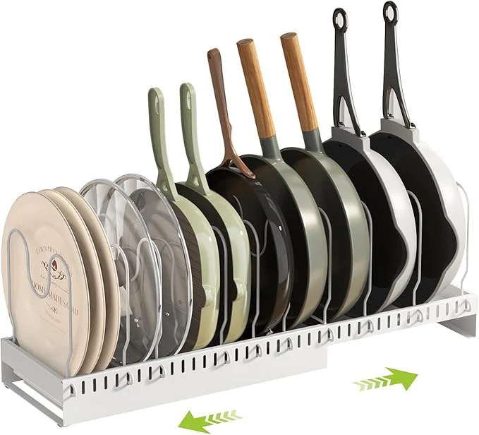 Top-Quality Pots and Pans Organizer Under Cabinet with Drain Board Expandable Pot Lid Organizer inside Cabinet Holder with 10 Adjustable Compartment Rack for Cutting Board Sheet Pan Cookware WhiteAbout ThisOverview Optimized