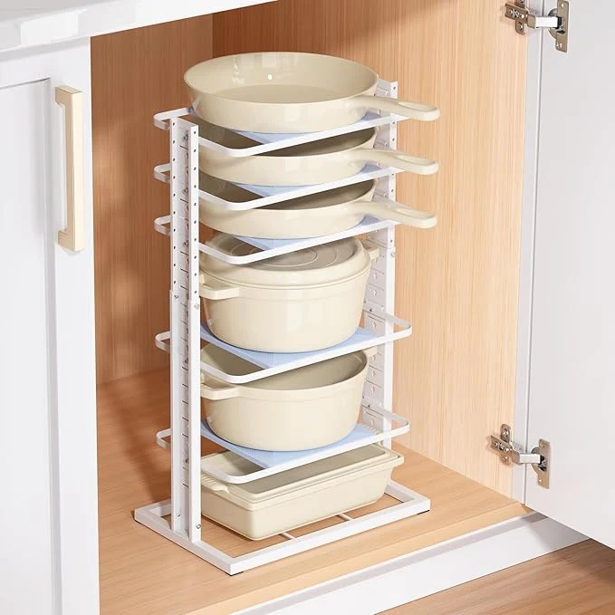 Dependable LAMU Pots and Pans Organizer for under Cabinet 6-Tier Heavy Duty Pan Pot Organizers inside Cabinet Adjustable 14 to 24.57 Pot Rack Kitchen Cabinet Organization and Storage Holds up to 12 CookwareAbout ThisOverview Easy-to-Use