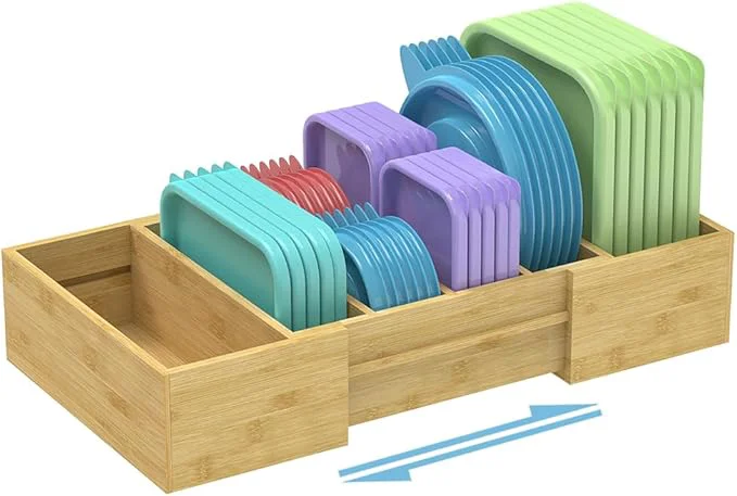 Traditional Retro Shaw Large Expandable Kitchen Lids Organizer for Cabinet Covers Pantry Drawer Countertop Storage with 3 Adjustable Dividers Hand-made Bamboo Food ContainerAbout ThisOverview Premium