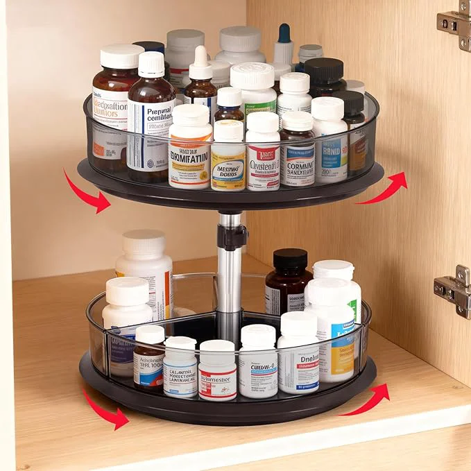 Authentic 2 Tier Medicine Cabinet Organizer Rotary Turntable Organizer for Medicine and Vitamin Bottles Under Sink Organizer for Medicine Bathroom Cabinet Storage Tray has Removable Dividers Easy AssemblyAbout ThisOverview Consistent