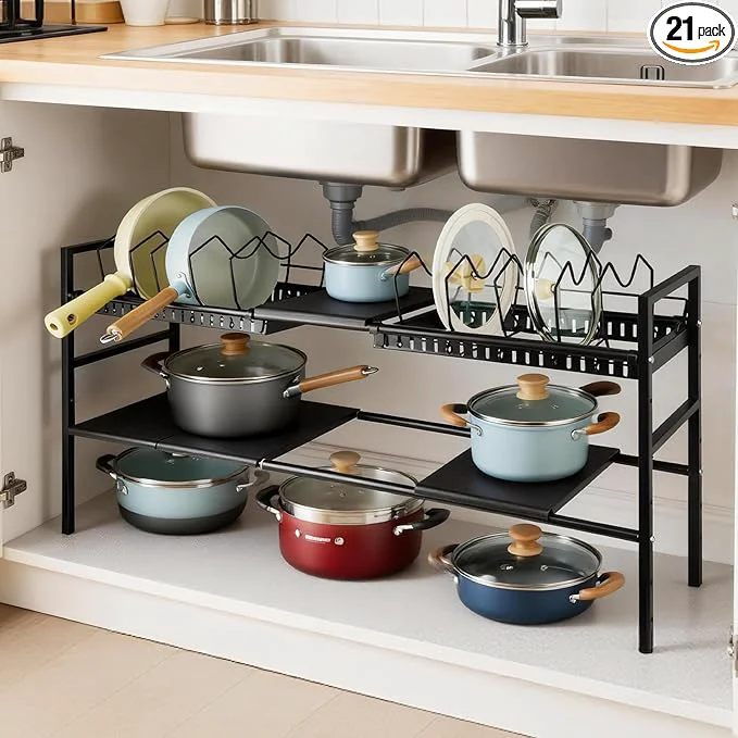 Superior Pots and Pans Organizer Under Cabinet Expandable Length Adjustable Height Under Sink Shelf 2 Tier with 10 Dividers Under Sink Organizer Pot and Pan Lid Holder Rack Black About ThisOverview Original Design