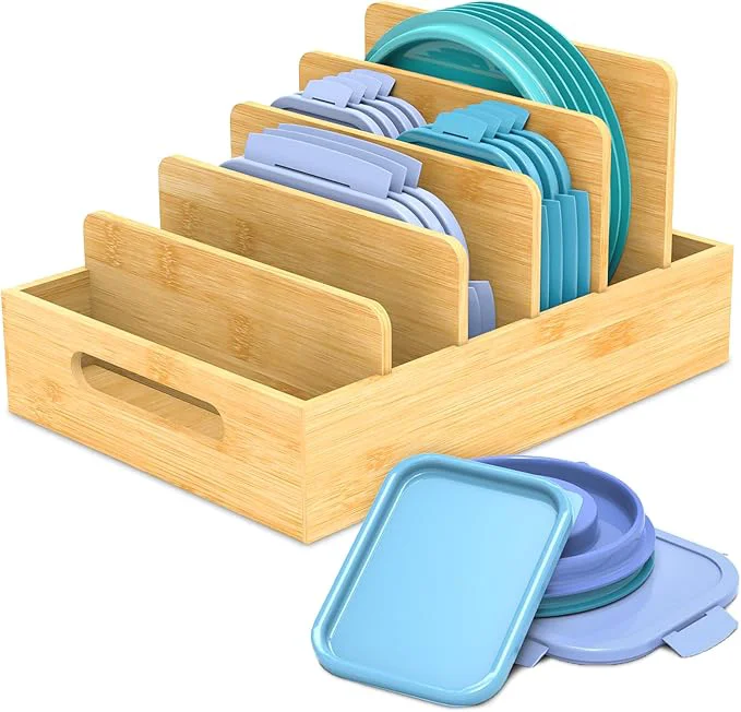 Excellent Retro Shaw Bamboo Food Container Lid Organizer with Adjustable Dividers for Cabinet Lid Organizer for Plastic Lids and Covers Kitchen Storage and OrganizationAbout ThisOverview Optimized