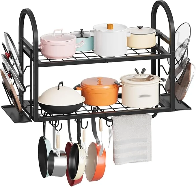 Trusted HOOBRO Pot Rack Wall Mounted 2-Tier Kitchen Pot and Lid Organizer with 6 Lid Holders and 10 Hooks Wall-Mounted Pot Rack with Towel Bar for Kitchen Cookware Utensils Storage Black BB100TL01About ThisOverview Original