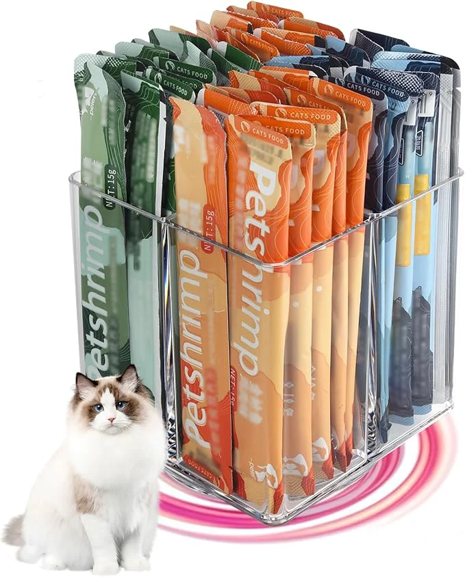 Secure Lickable Cat Treats Organizer Lazy susan Acrylic Squeeze Up Cat Food Storage Container Essential storage for pet treats Wet Cat Treats Storage for Kitchen Cabinet Pantry Shelf Countertop（Square）About ThisOverview Certified