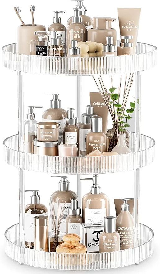 Secure 3 Tier Lazy Susan Bathroom Countertop Organizer 360° Clear Rotating Makeup Cosmetic Perfume Storage Tray Spinning Vanity Organizer Shelf for Bathroom Cabinet Dresser Kitchen Large About ThisOverview Superior