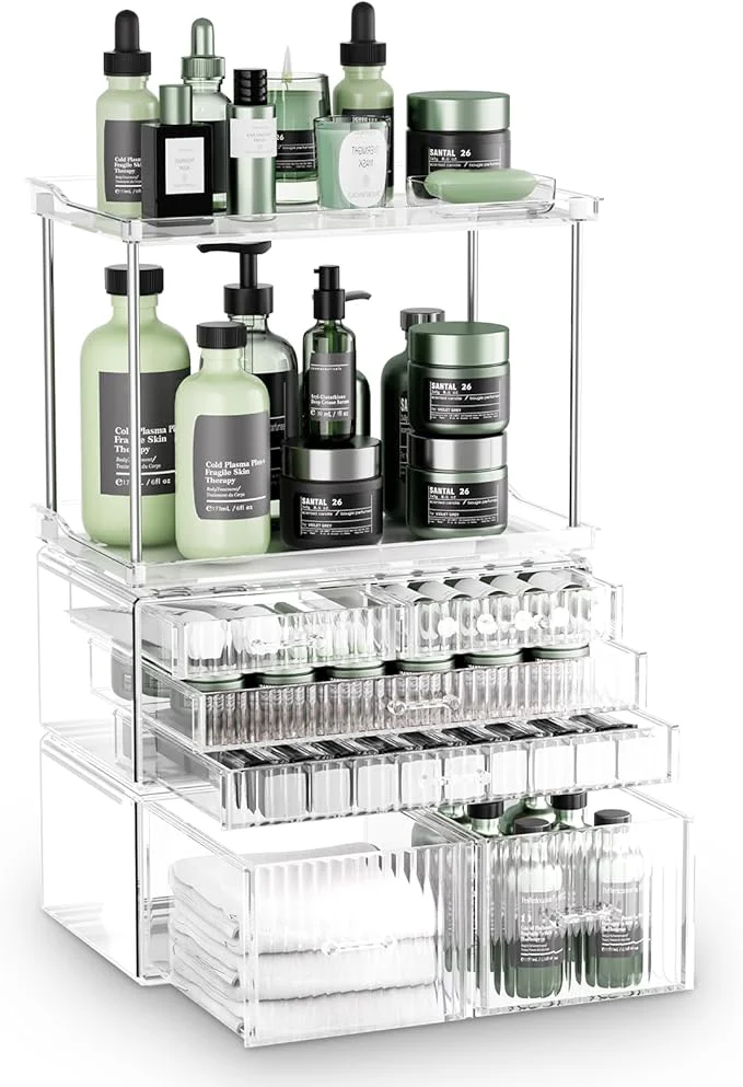 Stylish 2-Tier 5-Drawer Bathroom Countertop Organizer Multi-Purpose Makeup Organizer Countertop - Large Skincare Holder Exquisite Vanity Tray - Perfume Skincare Storage Amber ClearAbout ThisOverview Sustainable
