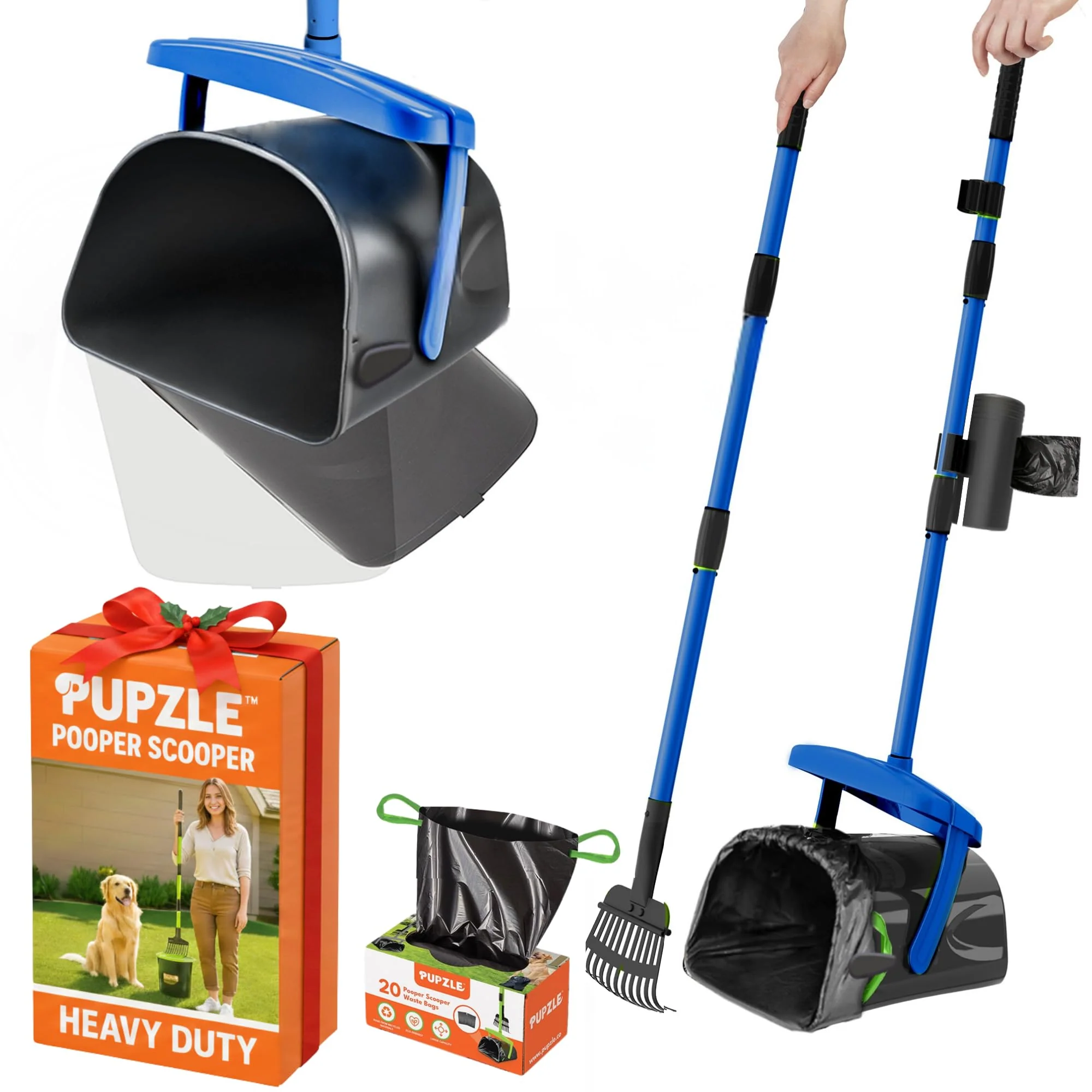 Certified Pupzle Dog Pooper Scooper – 40-Inch Handle Bag Attachment Lavender-Scented Bags Blue Large Dog Yard Cleanup World-Class