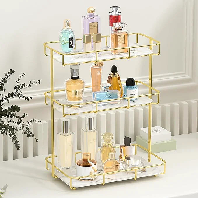 Smart Bathroom Organizer Countertop Perfume Organizer Makeup Organizer Cosmetics Storage Display Rack Vanity Tray Dresser Stainless Steel Gold Shelf White Marble Ceramic TrayAbout ThisOverview Traditional