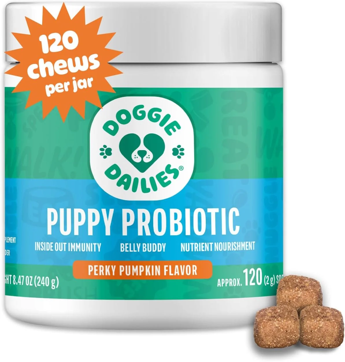 Stylish Doggie Dailies Puppy Probiotic Probiotics for Puppies with Digestive Enzymes Promotes Digestive Health Supports Immune System Overall Development Pumpkin 120 Soft Chews Natural