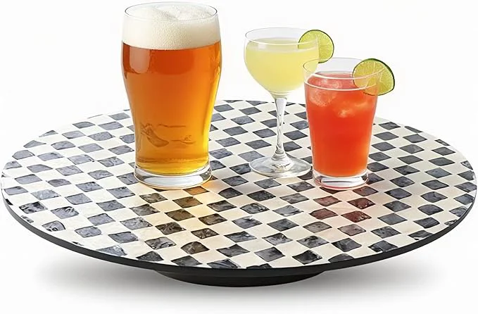 Stylish 13.8 Mother of Pearl Lazy Susan Turnable Organizer 360 Degree Round Table Countertop Decorative Spinning Tray for Kitchen Cabinet Counter Spice Pantry Dinner Table Checkerboard About ThisOverview Breathable