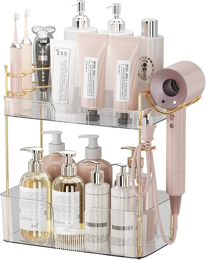 Prestigious 2-Tier Bathroom Counter Organizer with Hair Dryer Holder Modern Style Cosmetics Skincare Shelf OrganizerAbout ThisOverview Solid