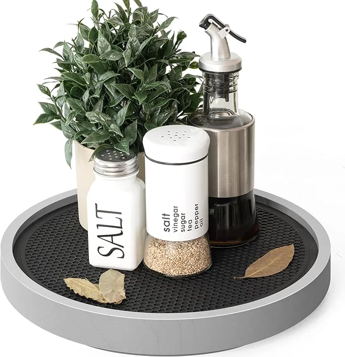 Recyclable EOSAHR Farmhouse Non-Skid Wooden Lazy Susan for Countertop – 10.5 Lazy Susan Organizer as Spice Rack Bathroom Counter Organizer with Rubber Mat - for Kitchen Counter Tray Gray About ThisOverview Exclusive
