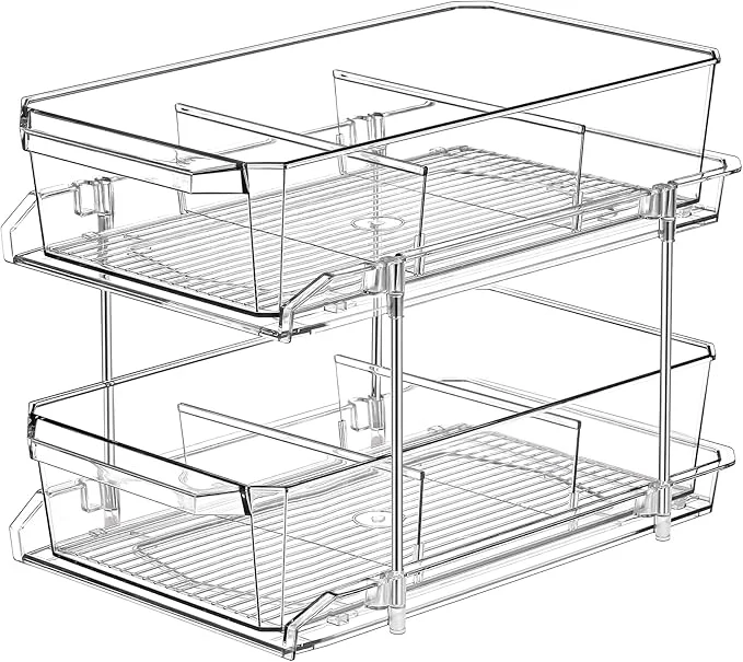 Convenient 2 Tier Clear Organizer with Dividers for Cabinet Shlef Counter - MultiUse Slide-Out Storage Container - Kitchen Pantry Medicine Cupboard Bins Bathroom Vanity Makeup Under Sink OrganizingAbout ThisOverview Trendy