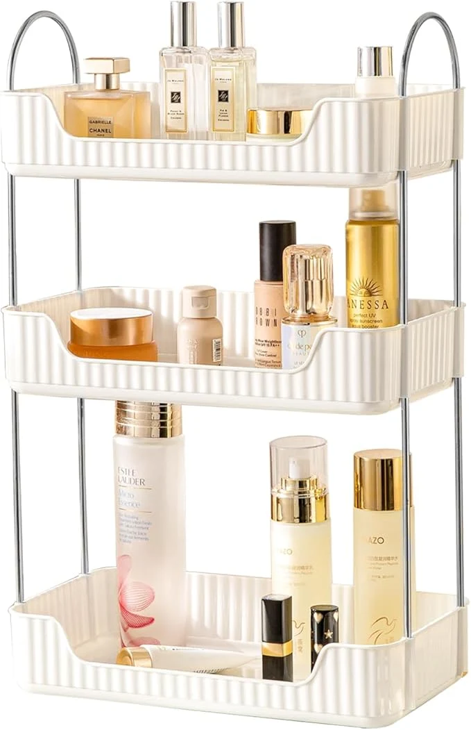 Reusable Bathroom Counter Cosmetic Organizer 3 Tier-Cream White Alloy Steel PET Plastic Rectangular Tiered for Toiletries CosmeticsAbout ThisOverview Detailed
