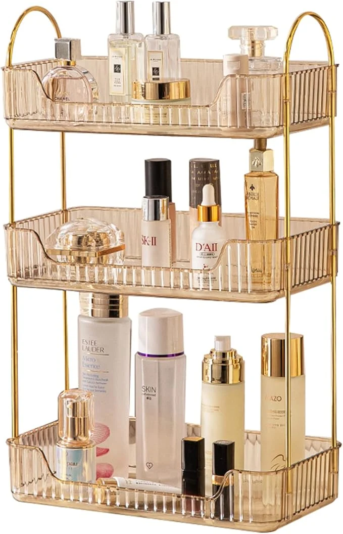 Authentic Bathroom Counter Organizer - Countertop Storage Cosmetics Skincare Shelf Makeup Organizer Perfume Tray Spice Rack - 3 Tier GoldAbout ThisOverview Professional