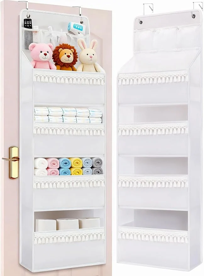 Convenient Over the Door Organizer - Boho Nursery Hanging Organizer with Tassels -Oxford Behind Door Storage for Bedroom Bathroom Closet Dorm Pantry Diapers 4 Shelves WhiteAbout ThisOverview Comfortable
