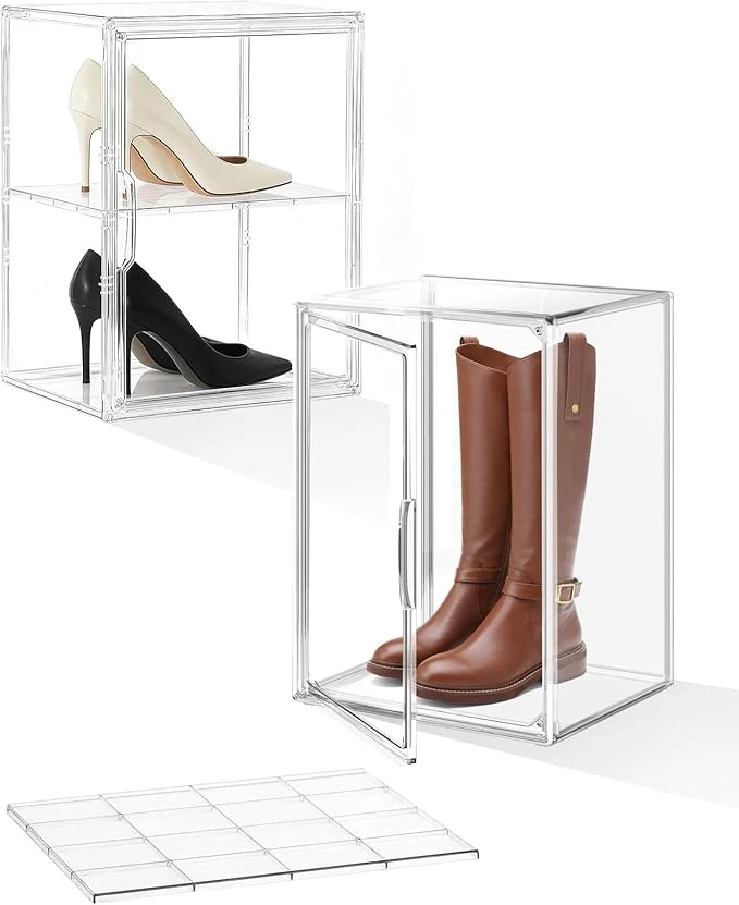 Fine XXX-Large Clear Stackable Acrylic Display with Lid Magnetic Door - 2-Tier Adjustable Shoe Box Case 11.8'' X 9.8'' X 15.7''Organizer for Boot Sneakers Collectibles Figures Purses 2-PackAbout ThisOverview Contemporary