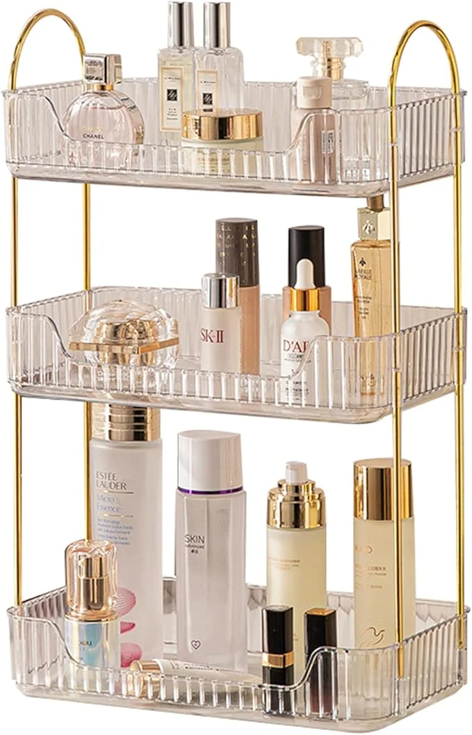 Secure Bathroom Counter Organizer Countertop Storage Cosmetics Skincare Shelf Makeup Organizer Perfume for Dresser Vanity Tray Spice Rack for Kitchen 3 Tier-Clear About ThisOverview Comfortable