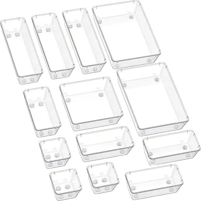 Unique Clear Acrylic Drawer Organizer Trays 5 Size Junk Box Organization Small Storage Container Bin for Desk Makeup Bathroom Vanity Kitchen Tool Make Up Workspace Home Dorm Apartment Office Room NightstandAbout ThisOverview High-Quality