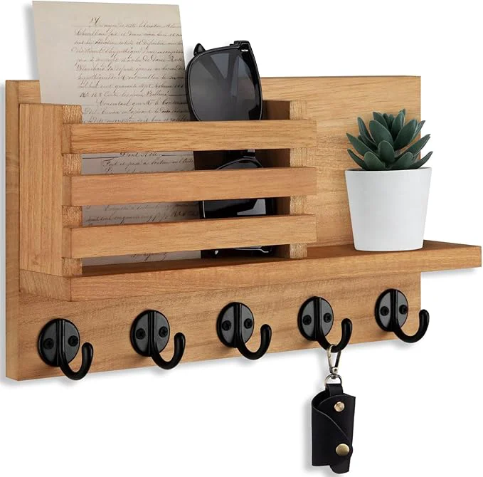 Fine Key Holder for Wall – Decorative Wooden Mail Holder and Key Shelf with Mounting Hardware Installation Guide – Paulownia Wood with 5 Metal Key Hooks 11.8 x 6.7 x 2.8 Light Brown About ThisOverview Dependable
