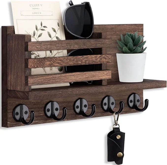 Relaxed Key Holder for Wall – Decorative Wooden Mail Holder and Key Shelf with Mounting Hardware Installation Guide – Paulownia Wood with 5 Metal Key Hooks 11.8 x 6.7 x 2.8 About ThisOverview Authentic