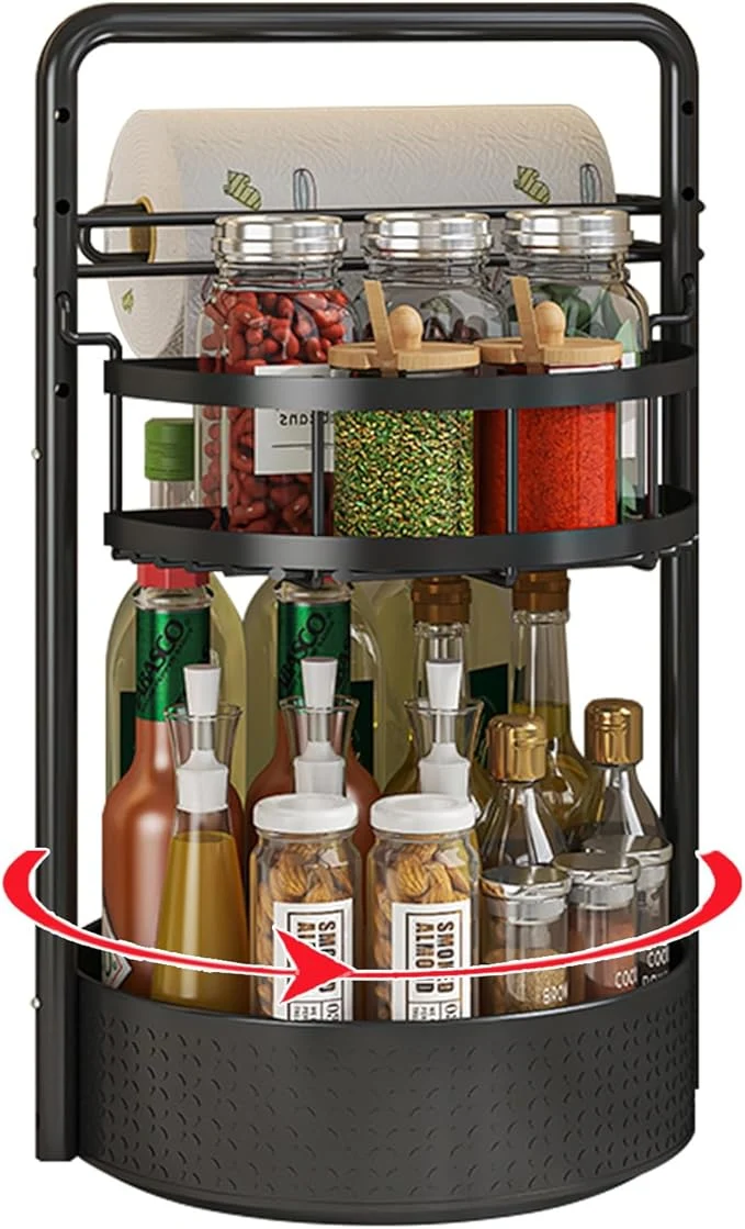 Contemporary Rotating Spice Rack with Paper Towel Holder 2 Tier Turntable Lazy Susan Seasoning Organizer for Kitchen Countertop Cabinet BlackAbout ThisOverview Genuine