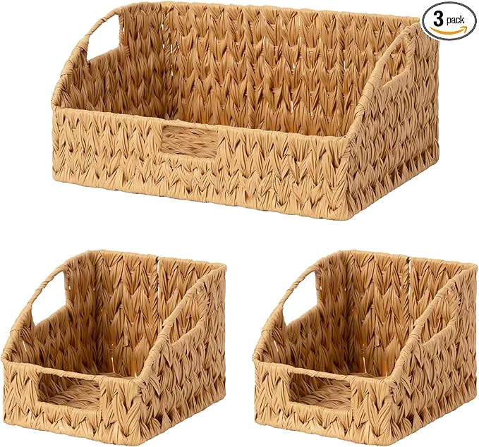 Effective GRANNY SAYS Wicker Storage Basket for Shelves Wicker Basket with Handles Trapezoid Woven Baskets for Storage Decorative Baskets for Home Decor Natural 3 PackAbout ThisOverview Sophisticated