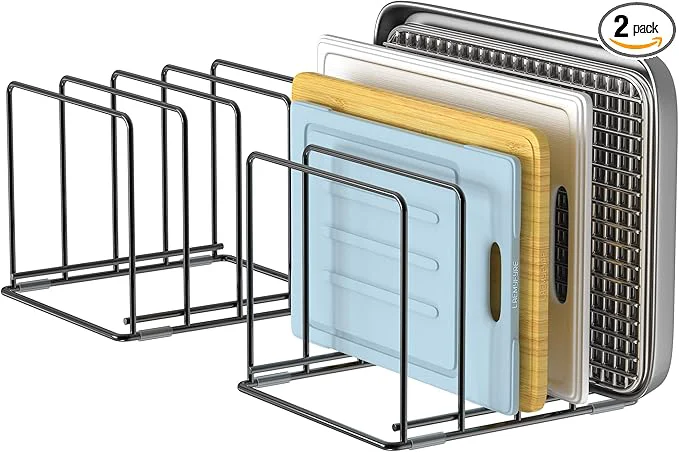 Contemporary Kitchen Organizer Rack - 4-Slot Heavy-Duty Holder for Cutting Boards Cookware – Rust-Resistant Space-Saving Design with Non-Slip Feet for Countertop and Cabinet Storage 2 Pack About ThisOverview Responsible