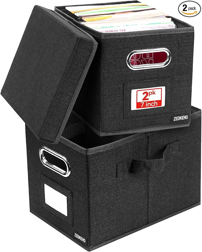 Specialty 7-inch Vinyl Record Storage Box Set of 2 - Album Storage Holds 120 Single Records Decorative LP Storage Organizer Crate with Lid Sturdy Moving Boxes for Vinyl Easy to Carry and Organize Your AlbumAbout ThisOverview Sustainable