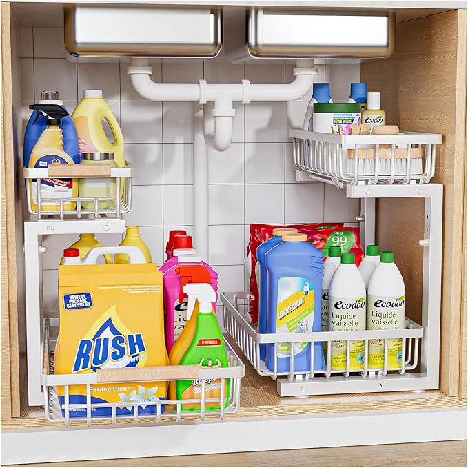 Recyclable Under Sink Organizer 2 Pack Under Kitchen Sink Organizer 2 Tier Sliding-Out 5 Level Height Adjustable Thickened Carbon Steel Anti-Rust Treatment for Kitchen Bathroom BlackAbout ThisOverview Organic