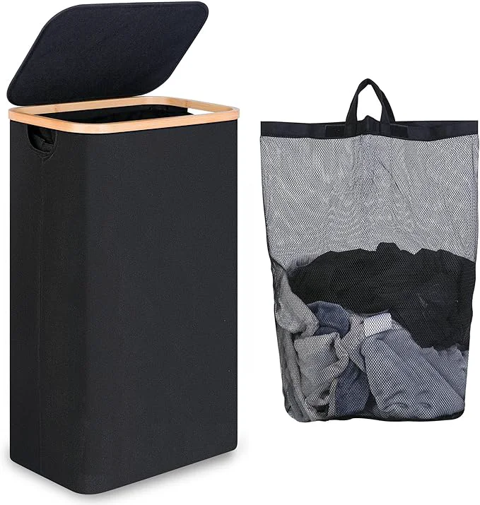 Excellent 75L Slim Laundry Hamper Narrow Laundry Basket with Lid Foldable Clothes Hamper with Bamboo Handles Hamper Basket with Removable Inner Bag for Laundry Room Bedroom College Dorm 19.8 Gals BlackAbout ThisOverview Carefully Designed