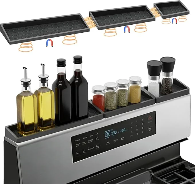 Fashionable BFONS 30 Inch Silicone Magnetic Stove Top Shelf Kitchen Shelf Over Stove Spice Rack Apartment Must Haves Kitchen Gadgets for Above Stovetop Seasoning Organization and Storage Thickened 3parts- BlackAbout ThisOverview Pure
