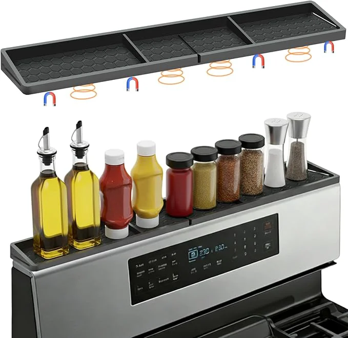 Verified BFONS 30 Inch Silicone Magnetic Stove Top Shelf Kitchen Shelf Over Stove Spice Rack Apartment Must Haves Kitchen Gadgets for Above Stovetop Seasoning Organization and Storage Thickened BlackAbout ThisOverview Certified