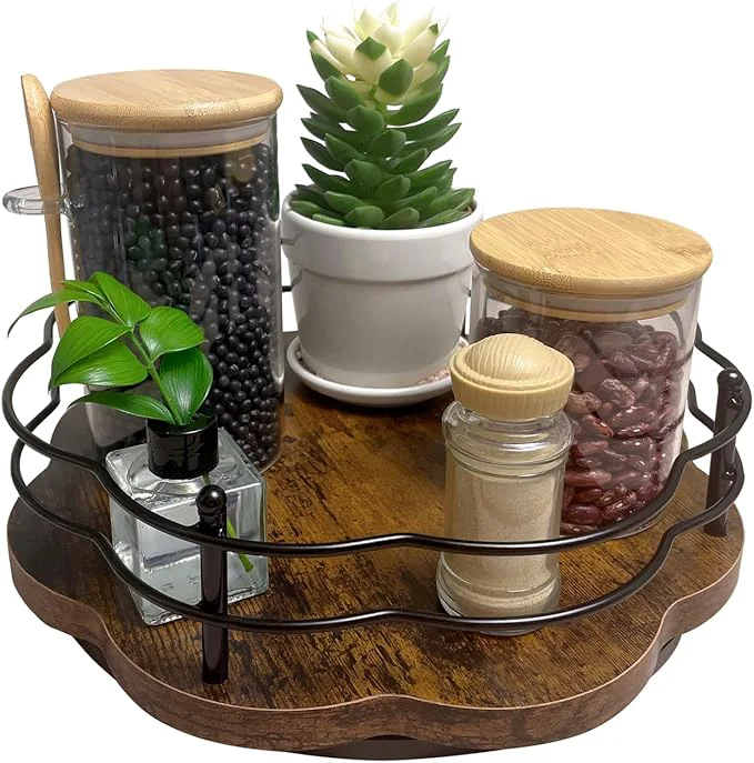 Stylish 12 Lazy Susan Turntable Organizer with Higher Metal Sides Wooden Lazy Susan Spice Rack Organization and Storage for Cabinet Kitchen Countertop Table Top Dining Table Coffee Bar DecorAbout ThisOverview Exceptional