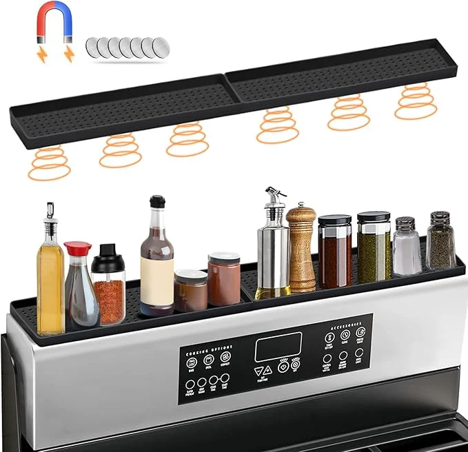 Superior 30 Inch Silicone Magnetic Stove Top Shelf Kitchen Shelf Over Stove Spice Rack Apartment Must Haves Kitchen Gadgets for Above Stovetop Seasoning Organization and Storage with 2 Functional PrtitionsAbout ThisOverview Detailed