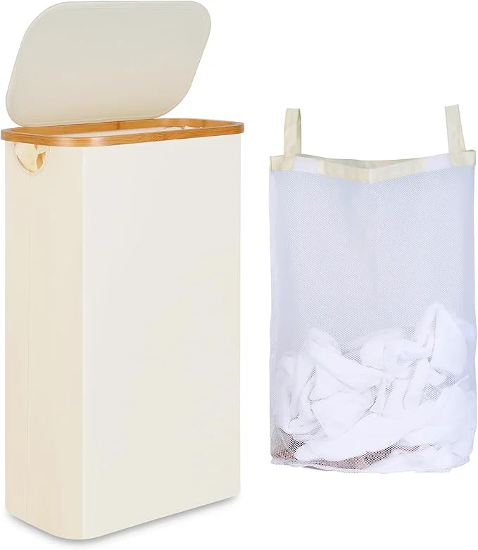 Functional 65L Slim Laundry Hamper Narrow Laundry Basket with Lid Foldable Clothes Hamper with Bamboo Handles Hamper Basket with Removable Inner Bag for Laundry Room Bedroom College Dorm 17.17 Gals BeigeAbout ThisOverview Premium