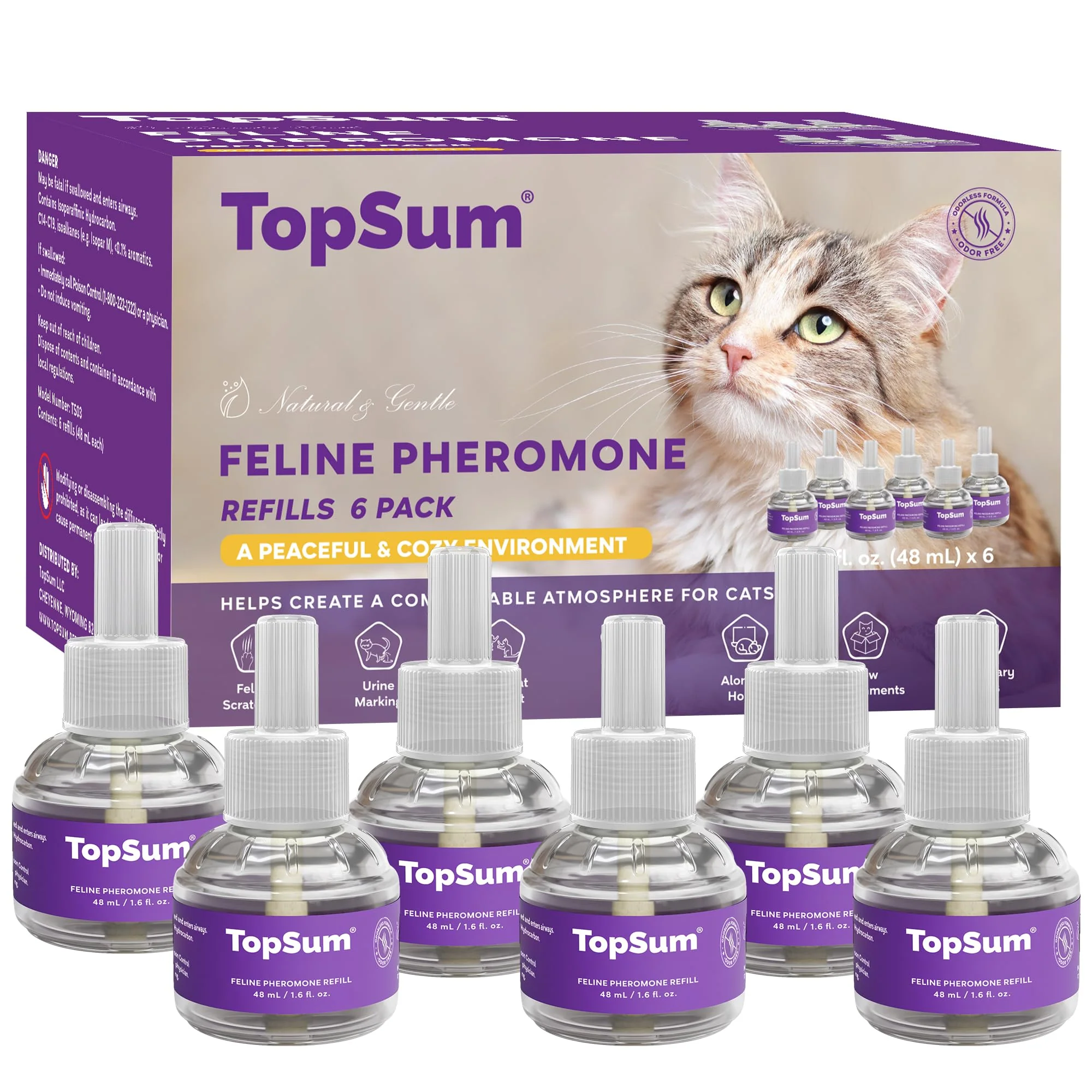 Advanced TopSum Cat Calming Diffuser Refill – 6-Pack Pheromone Refills for a Calmer Cat Home Fine