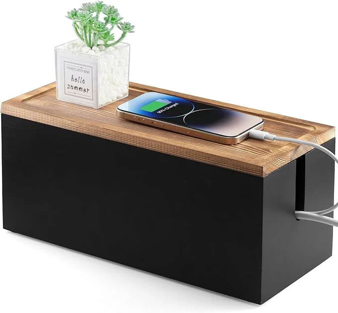 Modern Wood Cable Management Box - Cable Organizer Box - 2 Open Slots Cords Hider Box - Under Desk Cord Organizer for Power Strip Extension Cord Surge Protector Charger Wire BlackAbout ThisOverview Versatile