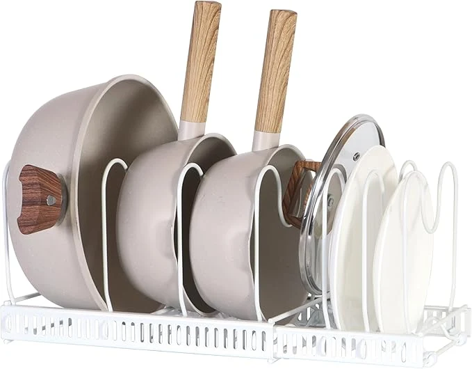 Sophisticated Expandable Pots and Pans Organizer Rack Pot Lids Cutting Boards Kitchen Cabinet Organizer Holder with 7 Adjustable Compartments Cookware Bakeware Rack for Kitchen Cabinet Countertop Storage WhiteAbout ThisOverview Secure