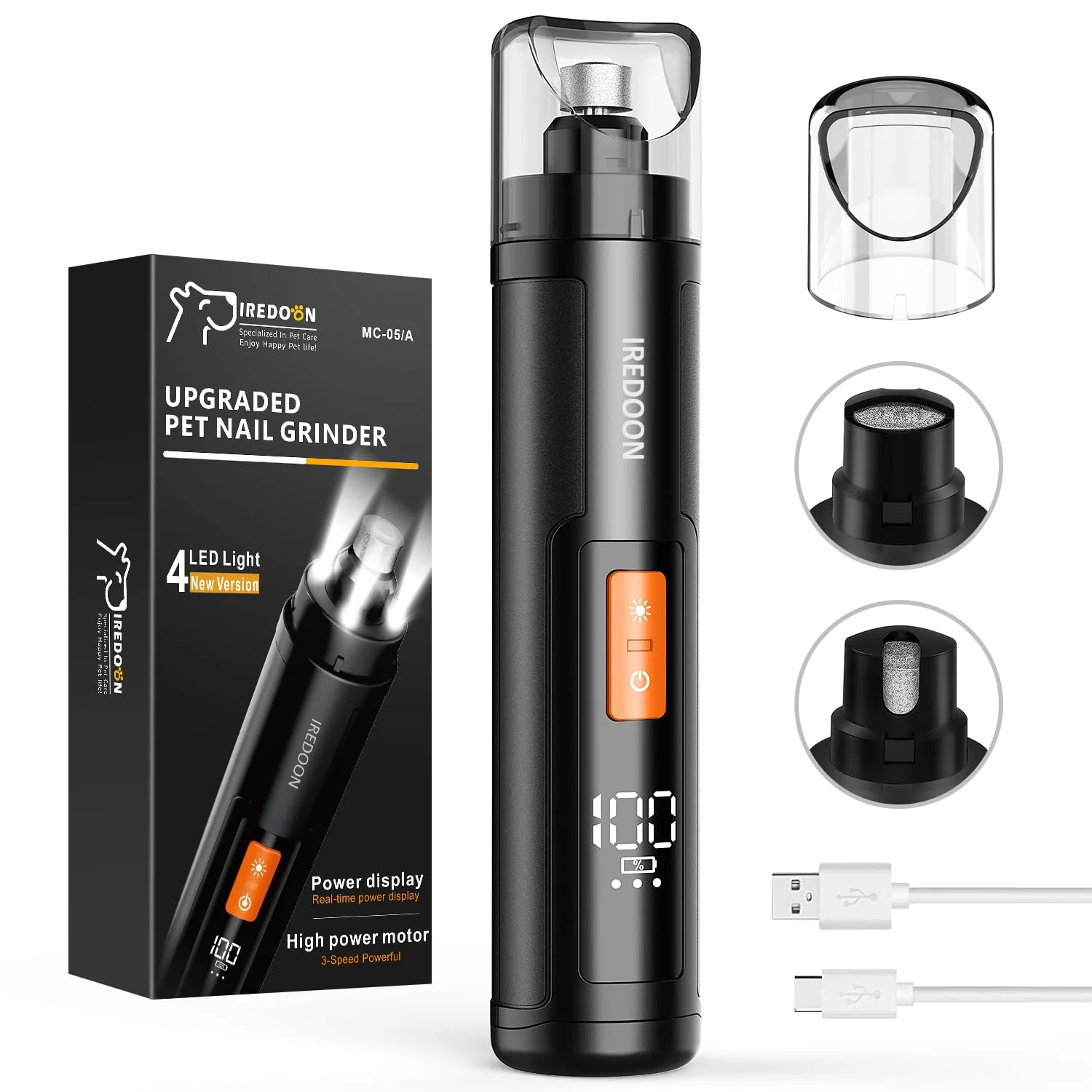 Exclusive IREDOON Dog Nail Grinder Upgraded – 3-Speed Ultra Quiet 4 LED Lights Genuine